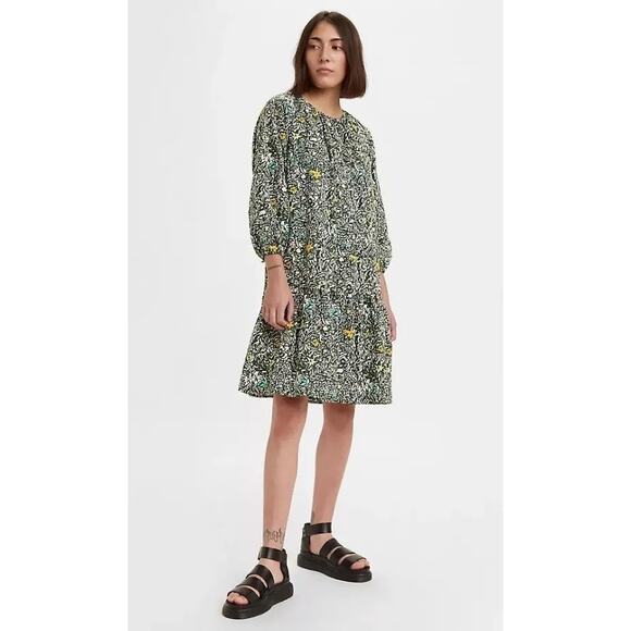 Levi's Floral Smock Puff Sleeve Women's Dress Summer A-Line XL Cotton - Picture 1 of 6